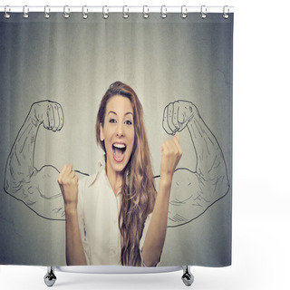 Personality  Happy Woman Exults Pumping Fists Ecstatic Celebrates Success  Shower Curtains