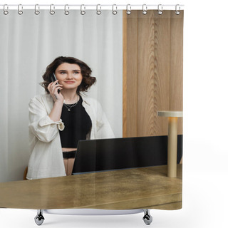 Personality  Happy Concierge With Wavy Brunette Hair And Tattoo Wearing Stylish Clothes And Talking On Telephone At Reception Desk Near Computer Monitor And Lamp In Lobby Of Modern Hotel, Customer Service Shower Curtains