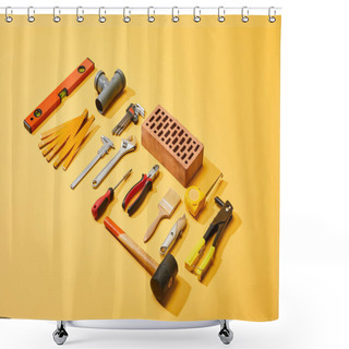 Personality  High Angle View Of Industrial Tools And Brick On Yellow Background Shower Curtains