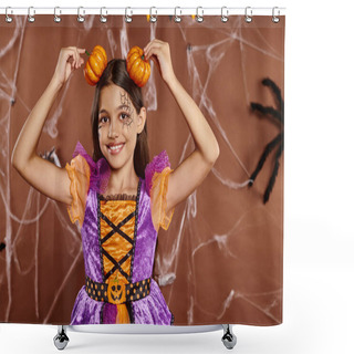 Personality  Funny Girl With Spiderweb Makeup Smiling And Holding Pumpkins Near Head On Brown Backdrop, Halloween Shower Curtains