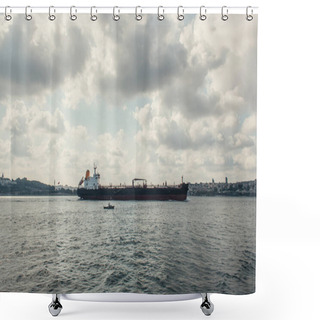 Personality  Cargo Ship In Sea With Cloudy Sky At Background, Istanbul, Turkey  Shower Curtains