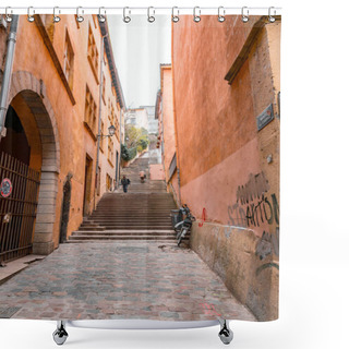 Personality  Lyon, France - January 26, 2022: Hilly Streets With Steps And Buildings In Lyon, Rhone Alps, France. Shower Curtains