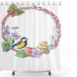 Personality  Watercolor Spring Floral Happy Easter Wreath. Hand Drawn Easter  Shower Curtains