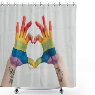 Personality  Cropped Shot Of Hands Painted In Colors Of Pride Flag Showing Heart Gesture In Front Of White Brick Wall Shower Curtains