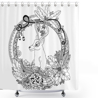 Personality  Vector Illustration Zen Tangle Deer In The Round Frame Of Flowers. Doodle Drawing. Coloring Book Anti Stress For Adults. Black White. Shower Curtains