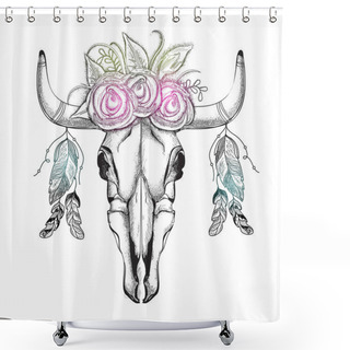 Personality  Hand Drawn Bull Head With Flower Wreath, Boho Style. Shower Curtains