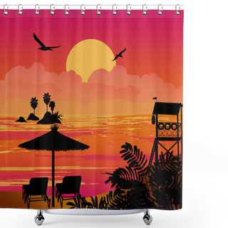Personality  Beautiful Sunset Sea Scenery With Chairs And Umbrella, Vector Illustration Shower Curtains