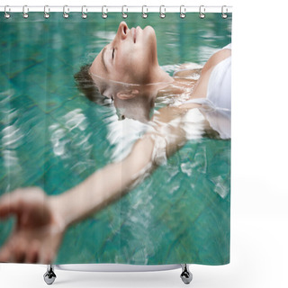 Personality  Attractive Young Woman Floating On A Spa's Swimming Pool. Shower Curtains