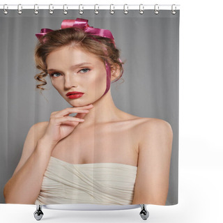 Personality  A Young Woman Exudes Classic Beauty In A White Dress And A Pink Bow On Her Head While Posing Gracefully In A Studio Setting. Shower Curtains