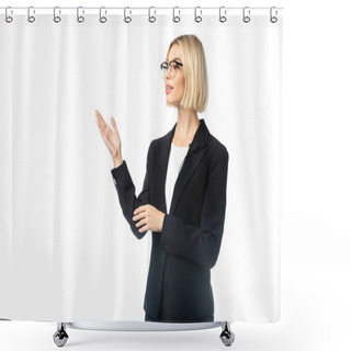 Personality  Blonde Businesswoman Looking Away And Pointing With Hand Isolated On White Shower Curtains