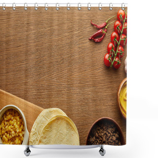 Personality  Top View Of Fresh Tortillas With Minced Meat And Vegetables On Wooden Background Shower Curtains