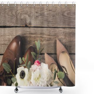 Personality  Top View Of Pairs Of Bridal And Grooms Shoes With Bouquet Of Flowers On Wooden Tabletop Shower Curtains