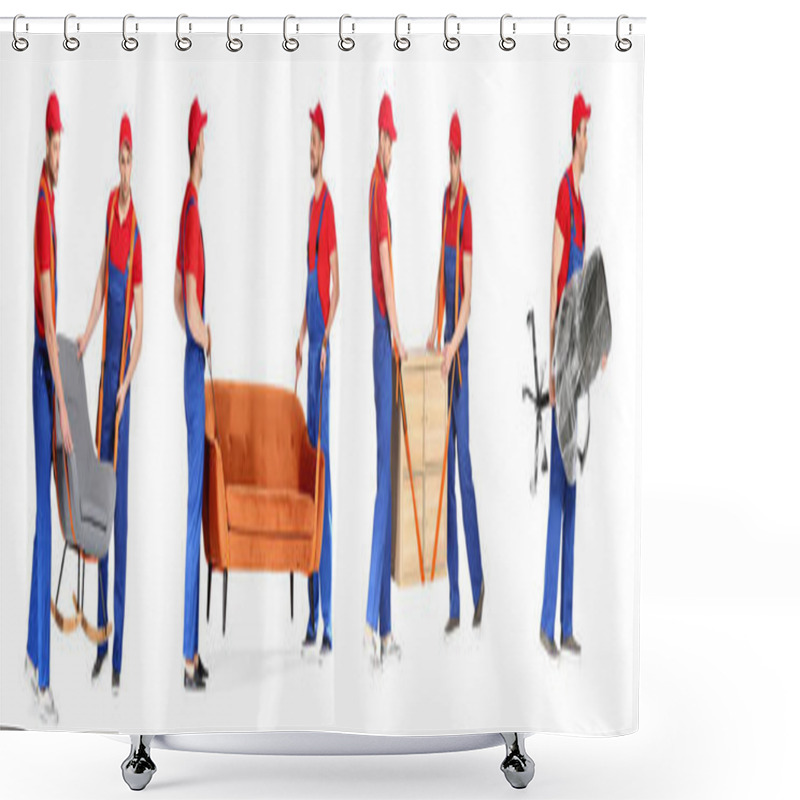 Personality  Loaders Carrying Furniture Against White Background Shower Curtains