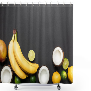 Personality  Top View Of Ripe Tropical Fruits On Black Background With Copy Space Shower Curtains