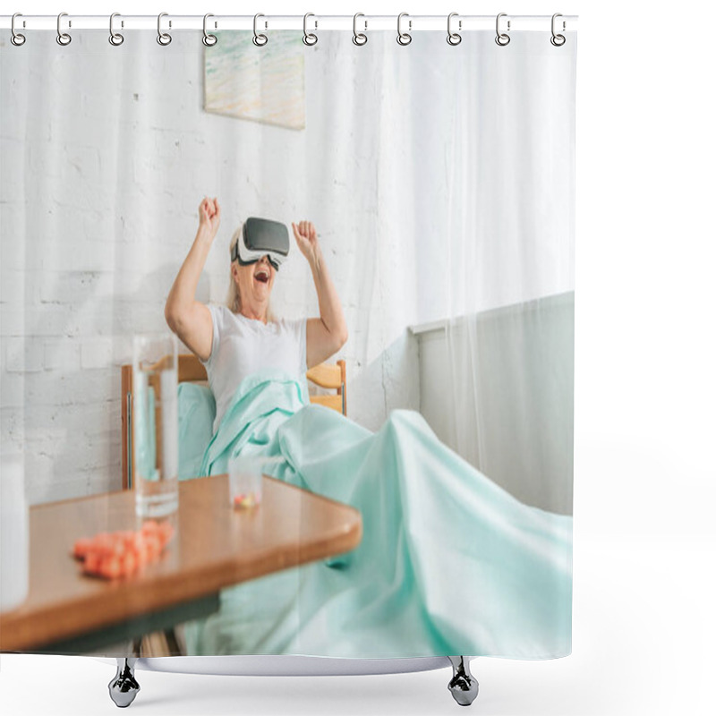 Personality  Excited Senior Woman Using Virtual Reality Headset While Lying In Hospital Bed  Shower Curtains