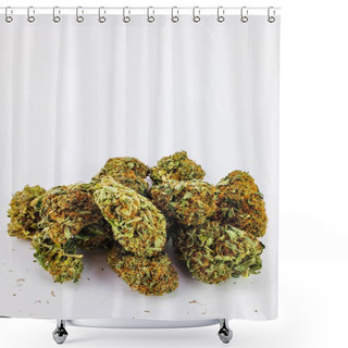 Personality  A Group Of Dry Flower Sativa Strain Cannabis Buds In Front Of A White Background Shower Curtains