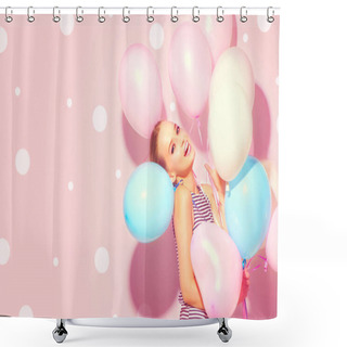 Personality  Joyful Teenage Girl With Colorful Air Balloons Having Fun Over Pink Background With Dots Shower Curtains
