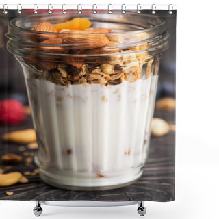 Personality  Closeup Of Delicious Granola With Dried Apricots, Nuts And Yogurt In Glass Cup Shower Curtains