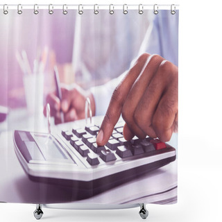 Personality  Close-up Of A Businessman Calculating Invoice Using Calculator At Workplace Shower Curtains
