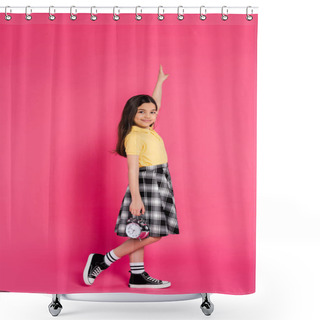 Personality  Happy Schoolgirl Holding Alarm Clock On Pink Background, Looking At Camera, Pointing Up, Full Length Shower Curtains