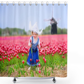 Personality  Little Girl In A National Dutch Costume In Tulips Field With Windmill Shower Curtains