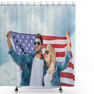 Personality  Attractive Woman And Handsome Man Smiling And Holding American Flag  Shower Curtains