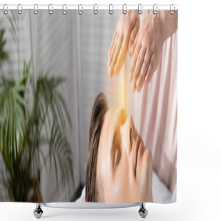 Personality  Panoramic Shot Of Healer Standing Near Man With Closed Eyes And Holding Hands Above His Head Shower Curtains