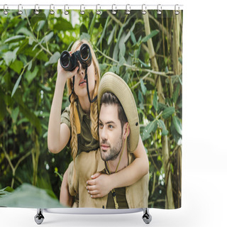 Personality  Beautiful Young Couple In Safari Suits With Binoculars Hiking In Jungle Shower Curtains
