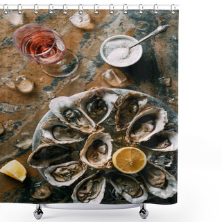 Personality  Flat Lay With Glass Of Wine, Oysters With Ice And Lemon Pieces On Grungy Tabletop Shower Curtains