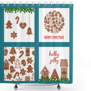 Personality  Christmas Set. Xmas Theme In Boarded Squares With Gingerbread Shower Curtains