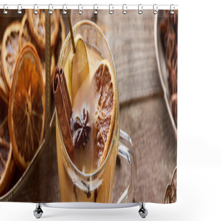 Personality  Selective Focus Of Pear Mulled Wine With Spices And Dried Citrus On Wooden Table, Panoramic Shot Shower Curtains