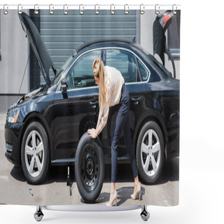 Personality  Businesswoman Rolling New Wheel And Fixing Broken Auto, Car Insurance Concept Shower Curtains