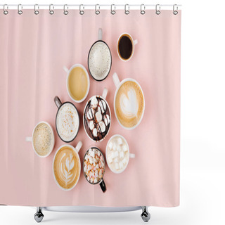 Personality  Various Kinds Of Coffee In Cups Of Different Size   On Pale Pink Background.  Coffee  Time Concept.  Flat Lay, Top View Shower Curtains