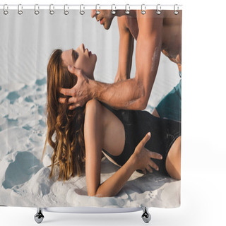 Personality  Sexy Young Man Touching Girlfriend On Sandy Beach  Shower Curtains