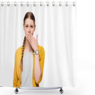 Personality  Attractive Girl With Braid Covering Mouth With Hand Isolated On White Shower Curtains