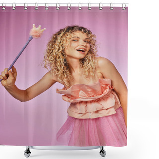 Personality  Cheerful Beautiful Woman In Tooth Fairy Costume With Magic Wand Posing On Pink Backdrop Shower Curtains