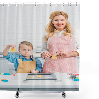 Personality  Happy Mother And Son Holding Figured Dough For Cookies  Shower Curtains
