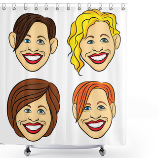Personality  Four Laughing Female Faces With Amusing Grimaces, Hand Drawing Cartoon Color Vector Illustrations Isolated On The White Background Shower Curtains