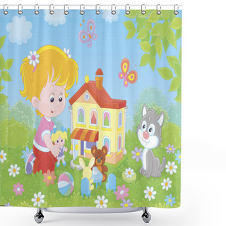 Personality  Cute Little Girl Playing With A Small Doll, A Bear, A Rabbit And A Toy House Among Flowers On A Sunny Summer Day, Vector Illustration In A Cartoon Style  Shower Curtains
