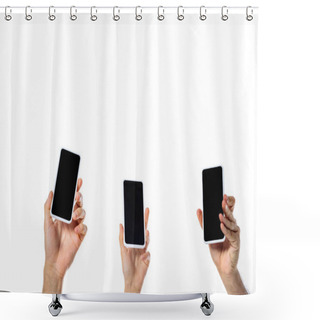 Personality  Cropped View Of Young Friends Holding Smartphones With Blank Screens Isolated On White Shower Curtains