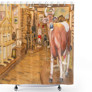 Personality  Exposition Of The Museum Of Cheese In Kostroma. Russia, Kostroma. December 10, 2018 Shower Curtains