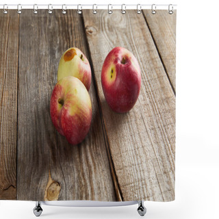 Personality  Apples With Rotten Spot On Brown Wooden Surface Shower Curtains