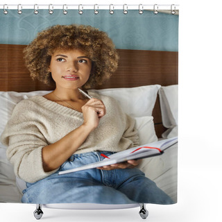 Personality  Curly-haired And Pensive African American Woman Planning Her Next Trip In A Notebook Shower Curtains