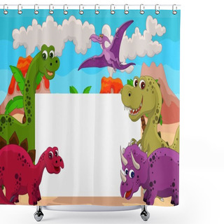 Personality  Dinosaur Cartoon With Blank Sign Shower Curtains