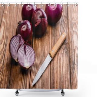 Personality  Cut And Whole Red Onion Near Knife On Wooden Table Shower Curtains