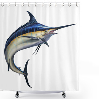 Personality  Big Black Marlin Jumps Out Of The Sea. Black Swordfish Extreme Fishing On The High Seas. Holidays In The Tropics And Hobbies. Shower Curtains