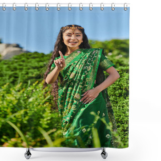 Personality  Cheerful Young Indian Woman In Sari Pointing With Finger While Standing Near Plants In Park Shower Curtains