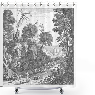 Personality  On A Road In A Forest A Man And A Woman With Two Children, Some Dogs And A Herd Of Goats And Sheep Are Walking. In The Background Two Shepherds With A Flock Of Sheep And Cattle. Shower Curtains