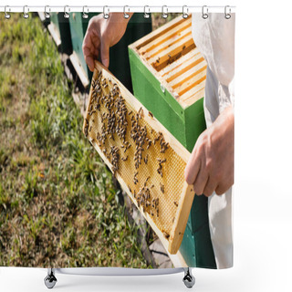 Personality  Partial View Of Beekeeper With Honeycomb Frame And Bees On Apiary Shower Curtains