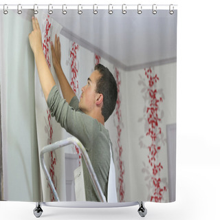 Personality  Apprentice Learning How To Put Wallpaper Shower Curtains
